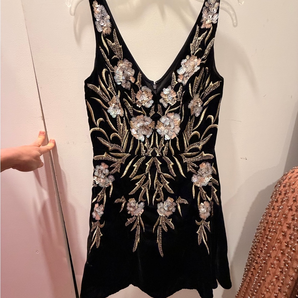 Sequin Black and Gold Velvet Floral Embroidered Dress